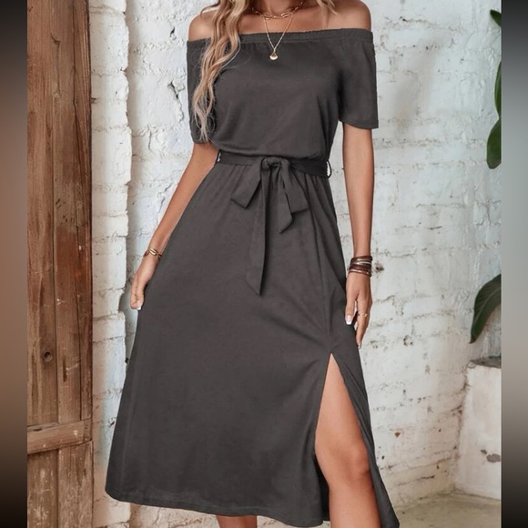 Dresses & Skirts - Off Shoulder Split Thigh Belted Dress Dark Grey Size L